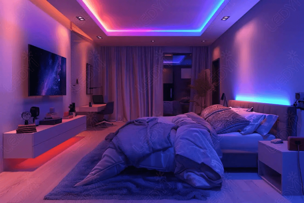 Illustrative example of bedroom led light strips in room from Google Search