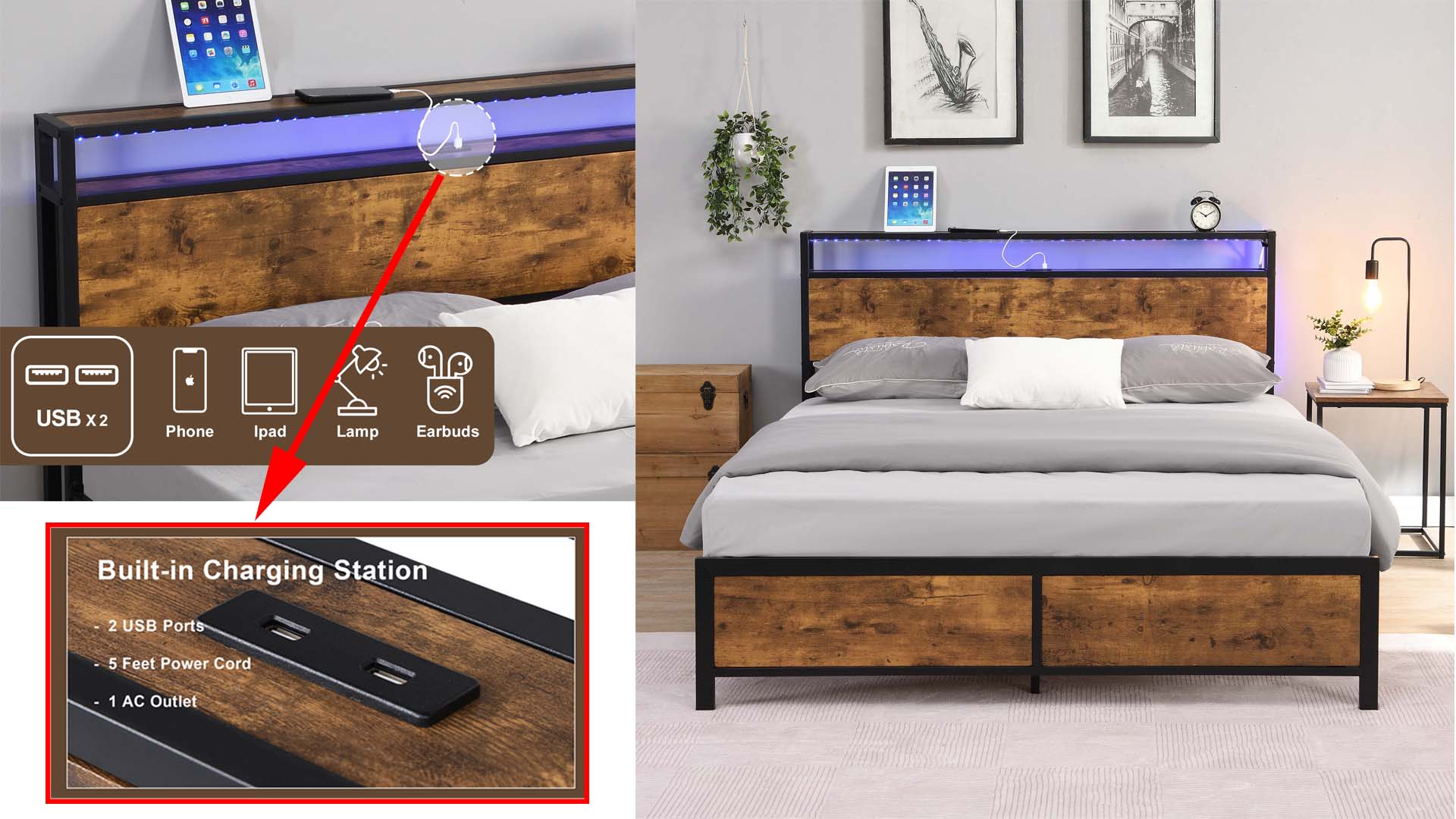 full bed frame with led lights